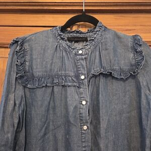 Ruffled Denim Button-Up Blouse